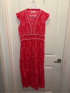 Floral Red V-Neck Maxi Dress with Trim
